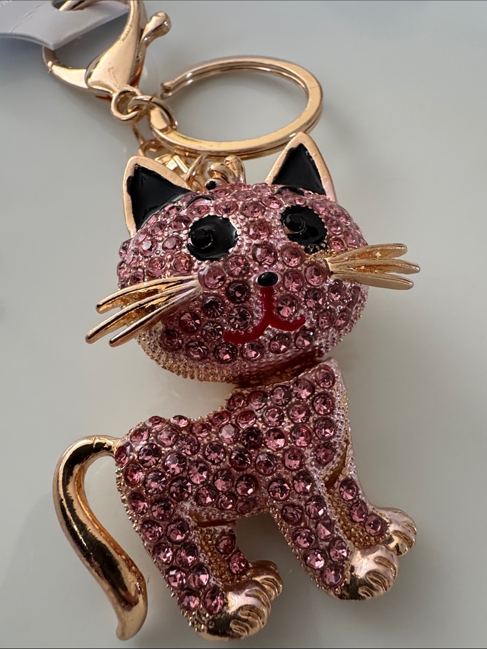 Gold Pink Crystal & Black Cat Keychain Bag Charm Sparkle Bling 4” Kitten NEW - Picture 2 of 4